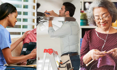 A healthcare worker, a construction worker, and a woman knitting