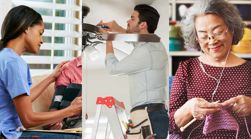 A healthcare worker, a construction worker, and a woman knitting